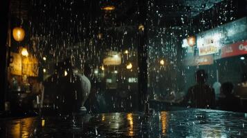 Dimly lit interior of a bustling bar with rain falling inside during an evening photo