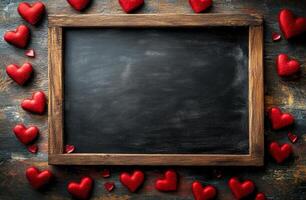 Romantic wooden frame with red heart decorations on dark surface for special occasions photo