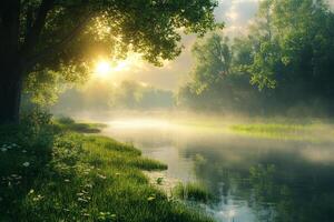 Serene riverbank with morning light and mist in a lush green landscape photo