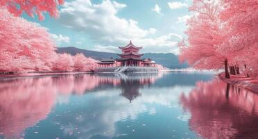 Tranquil landscape with vibrant pink trees and a traditional pavilion near a serene lake photo