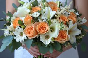 Beautiful floral bouquet of roses and hydrangeas held by a person outdoors in soft daylight photo