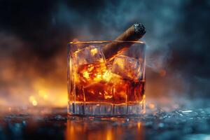 Glass of whiskey with ice and cinnamon stick in a smoky setting, ideal for evening relaxation photo