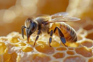 Close up of a vibrant bee collecting nectar from honeycomb in a beehive during daylight photo