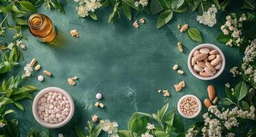 Natural remedies arranged aesthetically with herbal ingredients and homeopathic pellets photo