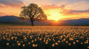 Beautiful sunset over a field of blooming daffodils with a lone tree in the foreground photo