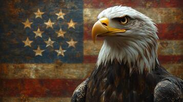 Bald eagle with American flag in background showcasing national pride and strength photo