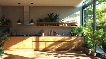 Modern kitchen design with natural lighting and greenery in a contemporary setting photo