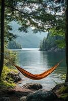 Relaxing hammock between trees overlooking a scenic mountain landscape on a sunny day photo