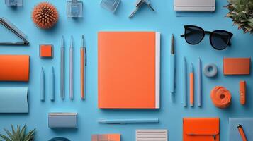 Creative workspace arrangement with orange and blue stationery on vibrant blue background photo