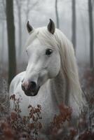 Majestic white horse stands amidst foggy forest with autumn leaves photo