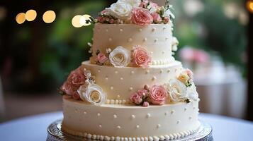 Elegant cake with floral decorations displayed in a cozy bakery during afternoon hours photo