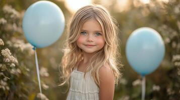 Sweet girl posing beside balloon arrangement in a warm autumn setting photo