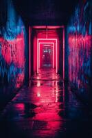 Colorful neon corridor creates an intriguing atmosphere in an urban environment at night photo