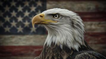 Bald eagle perched in front of weathered American flag background photo