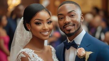 Joyful couple at outdoor wedding ceremony with floral decorations and guests in background photo
