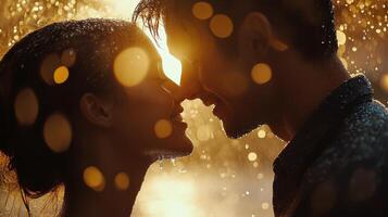 Couple sharing a romantic moment under an umbrella in the rain photo