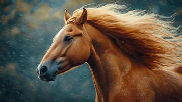 Majestic horse galloping through a misty forest with flowing mane and serene expression photo