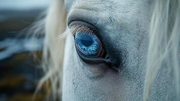 Close up view of a horses eye showcasing its unique features and natural beauty photo