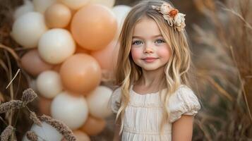 Sweet girl posing beside balloon arrangement in a warm autumn setting photo