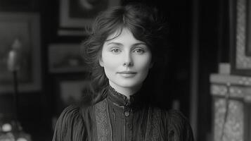 Portrait of a woman in vintage attire with soft expressions in a nostalgic setting photo