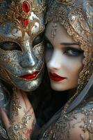 Elegant masked figures in festive attire adorned with red flowers and winter foliage photo