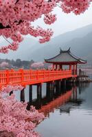 Cherry blossoms frame a tranquil pavilion by the lake in springtime photo
