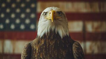 Majestic eagle stands proud in front of an American flag during a patriotic display photo