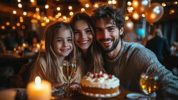 Family celebration with cake and balloons in a cozy indoor setting photo