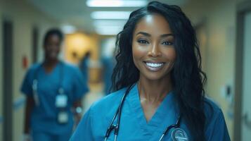 Smiling healthcare professional in a busy hospital corridor during daytime photo