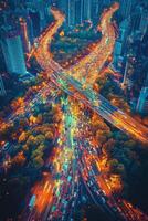 Busy roundabout in a suburban area surrounded by lush greenery during golden hour photo