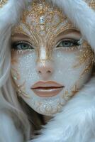 Close up of a woman with sparkling face decoration and striking blue eyes at a creative event photo