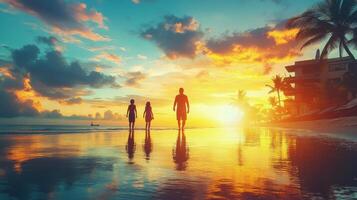 Family walking along the beach at sunset with vibrant colors reflecting on the water photo