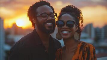Joyful couple enjoying sunset together on rooftop with city skyline in background photo