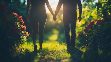 Couple holding hands while walking through a flower filled garden at sunset photo