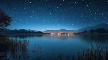Starlit reflection over a tranquil lake at dawn with mountains in the distance photo