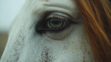 Close up view of a horses eye showcasing its unique features and natural beauty photo