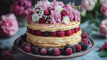 Beautiful dessert showcasing layered cake topped with whipped cream and fresh berries photo