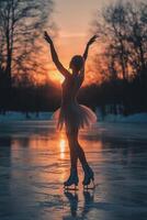 Ice skater performs graceful routine at sunset on frozen lake during winter evening photo