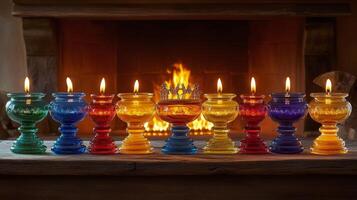 Colorful glass candles arranged in a row glow warmly beside a fireplace during a cozy evening photo