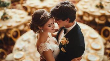 Romantic couple sharing a tender moment during an elegant wedding reception in soft lighting photo