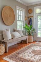 Cozy entryway with a bench, natural decor, and warm tones in a bright space photo