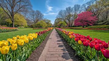 Vibrant spring garden with blooming tulips and charming gazebo under blue sky photo