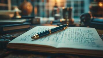 Writing process at a cozy workspace with books and vintage items in soft light photo