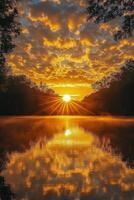 Sunset over a serene lake with vibrant clouds reflecting golden hues photo