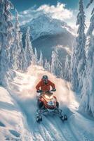 Snowmobiling through scenic mountains on a clear winter day photo