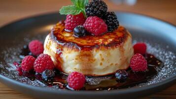 Delicious dessert with caramelized top and fresh berries served on black plate photo