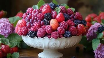 Beautiful dessert showcasing layered cake topped with whipped cream and fresh berries photo