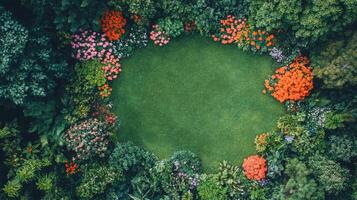 Vibrant spring garden filled with blooming trees and shrubs in various colors photo