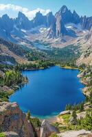 Majestic mountain landscape with serene blue lake and towering peaks under clear sky photo