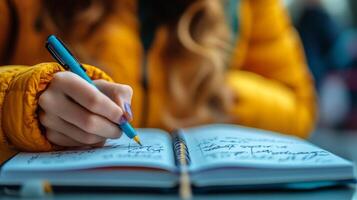 Person writing in notebook while wearing a yellow jacket in a cozy indoor setting photo